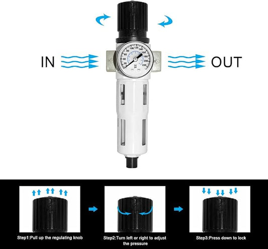 Beduan 3/8" Heavy Duty NPTCompressed Air Pressure Regulator Filter, Water/Oil - Image 2