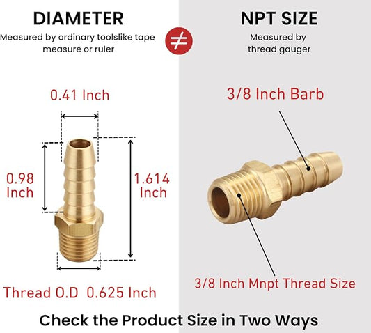 3/8 Inch NPT to 3/8 Inch Barb, Hose Barb Adapter, Air Hose Fittings Brass Pipe - Image 2