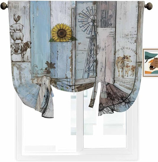 Tie Up Curtains for Windows, Farmhouse Barn Sunflowers Retro Blackout Curtains - Image 2