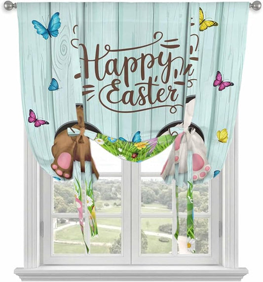 Tie Up Curtains, Happy Easter Bunny Butt Egg Floral Adjustable Rod Pocket - Image 2