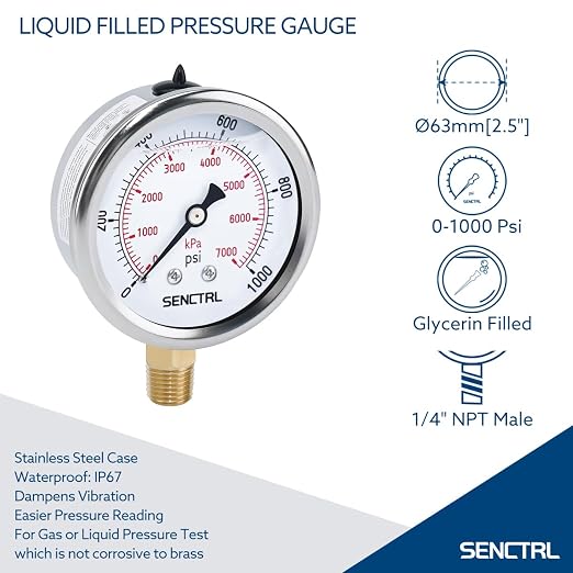 SENCTRL 0-1000 Psi Glycerin Liquid Filled Pressure Gauge, 2.5" Dial Size - Image 2