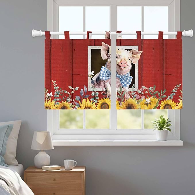 Pig Sunflowers Kitchen Curtains 24 Inch Length, Small Window Curtains Tab Top - Image 9