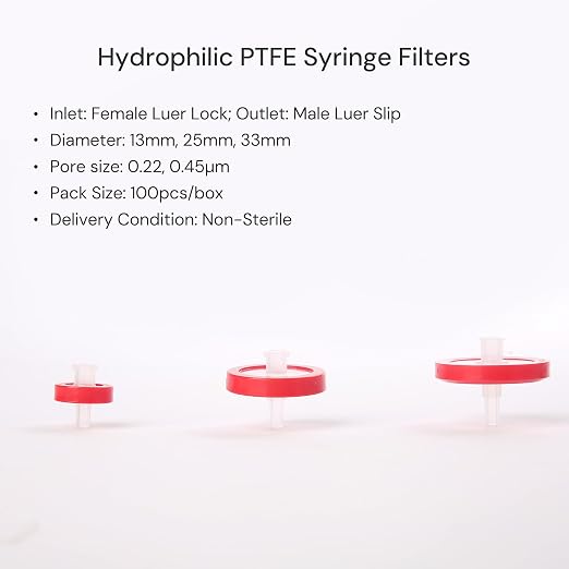 100 Pack Syringe Filter PTFE Lab Filters 0.22μm Pore Size 33mm Diameter - Image 2