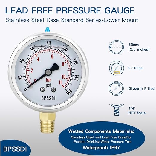 0-160 Psi Glycerin Liquid Filled Low Pressure Gauge, 2.5" Dial Size, 1/4" NPT - Image 2