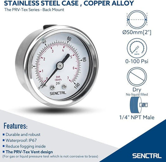 SENCTRL 0-100 Psi Pressure Gauge, 1/4 NPT Back Mount, Waterproof, Stainless - Image 2