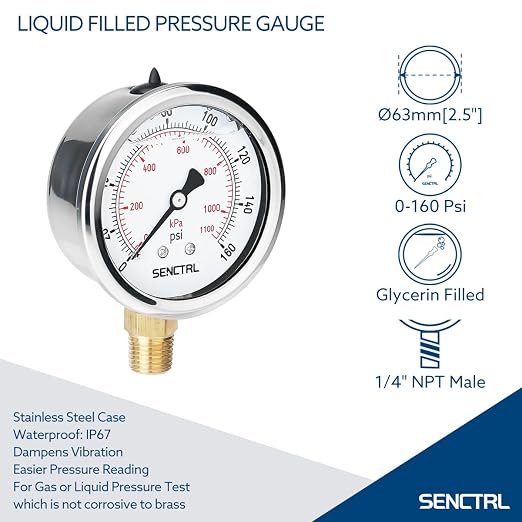 SENCTRL 0-160 Psi Glycerin Liquid Filled Air Pressure Gauge, 2.5" Dial Size - Image 2