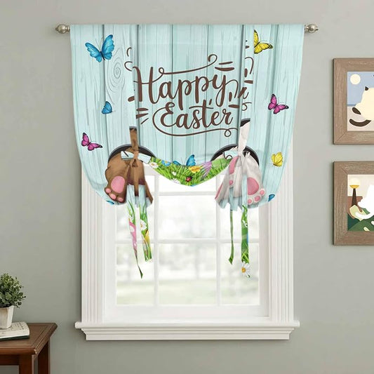 Tie Up Curtains, Happy Easter Bunny Butt Egg Floral Adjustable Rod Pocket - Image 2