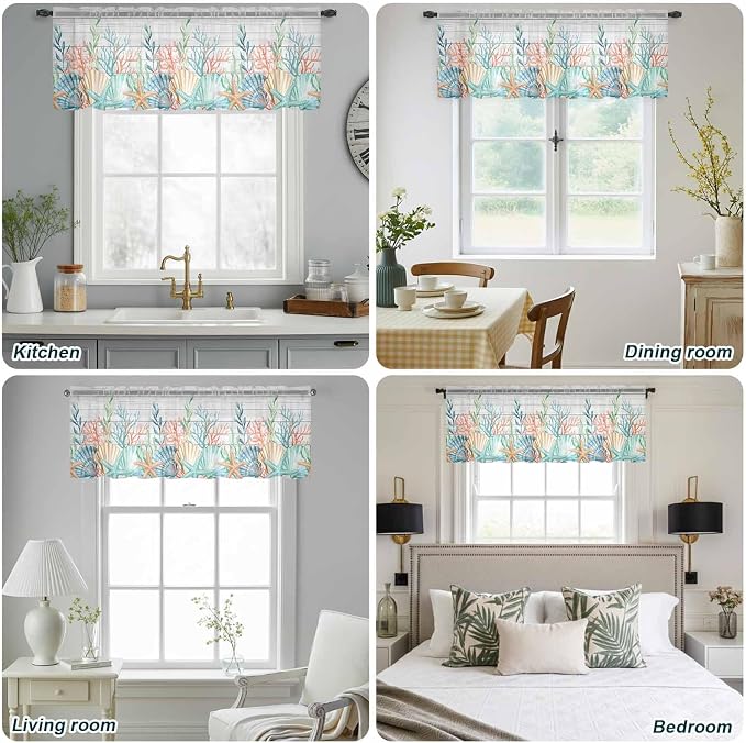 Summer Beach Sheer Valance Curtains, Ocean Colorful Coral Shell Seaweed - Image 9