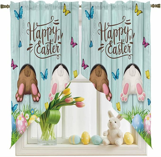 Swag Curtain Valances for Kitchen Windows, Happy Easter Bunny Butt Egg Floral - Image 2