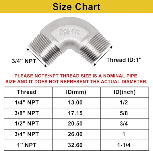 3/4" x 3/4" NPT 90 Degree Elbow 304 Stainless Steel Pipe Fittings Male Threaded - Image 2