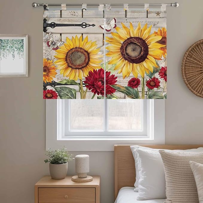 Red Yellow Sunflowers Kitchen Curtains 45 Inch Length, Short Cafe Window - Image 9