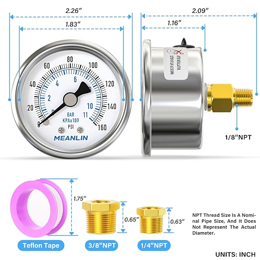 MEANLIN MEASURE 0~160Psi Dry Pressure Gauge Stainless Steel 1/8" NPT 2" FACE - Image 2