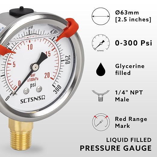 0 to 300 Psi Pressure Gauge, Glycerin Liquid Filled, 2.5 inch Dial, 1/4" NPT - Image 2
