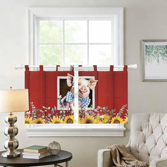 Pig Sunflowers Kitchen Curtains 24 Inch Length, Small Window Curtains Tab Top - Image 2