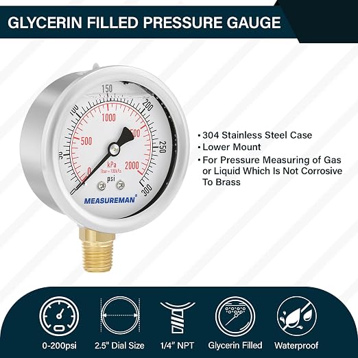 MEASUREMAN 2-1/2inch Dial Size, Glycerin Filled Pressure Gauge, 0-300psi/kpa - Image 2