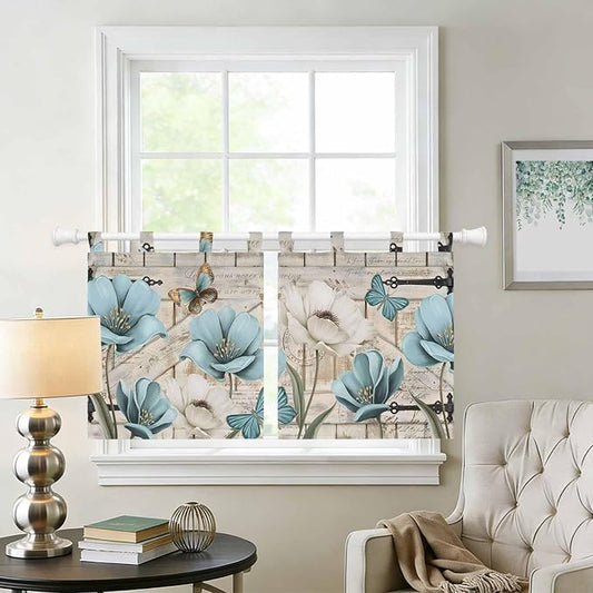 Teal Blue Tulips Kitchen Curtains 24 Inch Length, Small Window Curtains Tab Top - Image 2