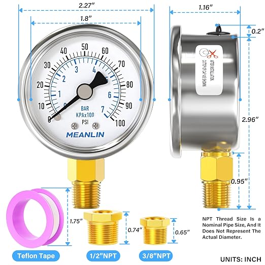 MEANLIN MEASURE 0~100Psi Dry Pressure Gauge Stainless Steel 1/4" NPT 2" FACE - Image 2