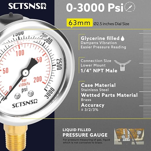 2-1/2" Dial Size, 0-3000 Psi Pressure Gauge, Glycerin Liquid Filled, 1/4" NPT - Image 2