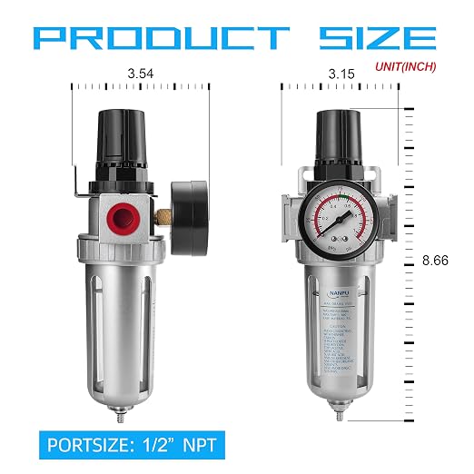 NANPU 1/2" NPT Compressed Air Filter Regulator Combo, Air Filter Pressure - Image 2