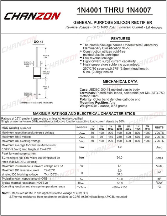 Chanzon 1N4004 Rectifier Diode 1A 400V DO-41 Axial 4004 IN4004 1 Amp 400 Volt - Image 2