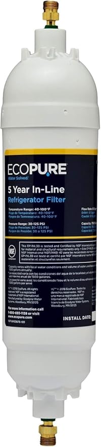 EcoPure EPINL30 5-Year In-Line Refrigerator Water Filter – Universal Fit by EcoPure+Water+Solutions