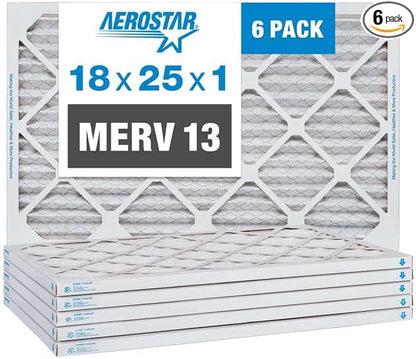 Aerostar 18x25x1 MERV 13, Pleated Air Filter, Box of 6, Made in the USA by AirFiltersDelivered
