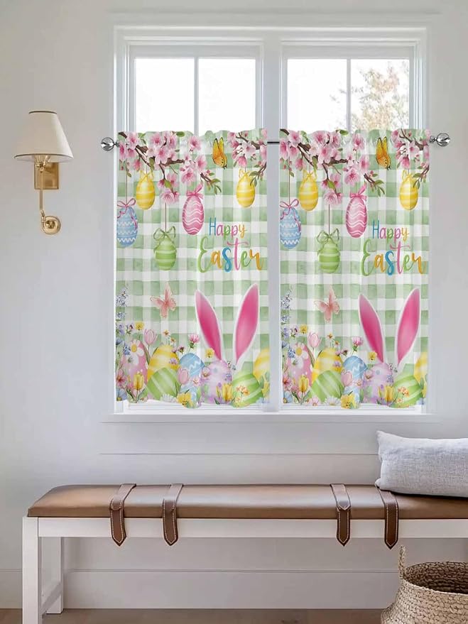 Happy Easter Kitchen Curtains 54 Inches Length, Spring Bunny Eggs Flower Sage - Image 4