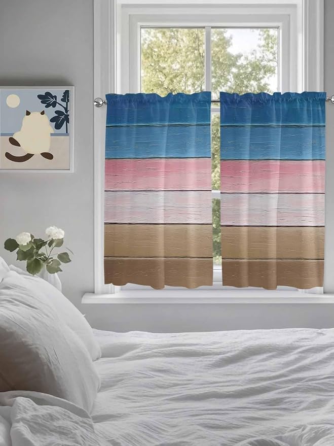 Blue Pink Brown Gradient Wood Grain Window Valance Curtains, Vintage Wood Board - Image 3