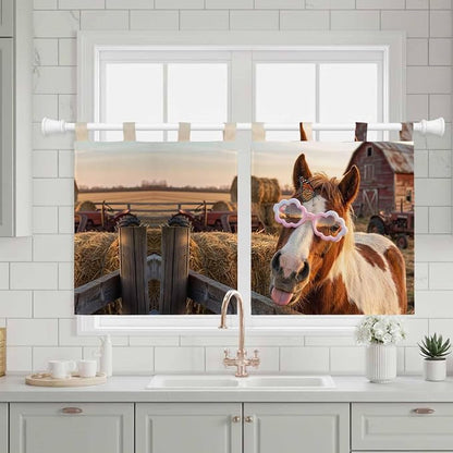 Farm Horses Kitchen Curtains 24 Inch Length, Small Window Curtains Tab Top - Image 3