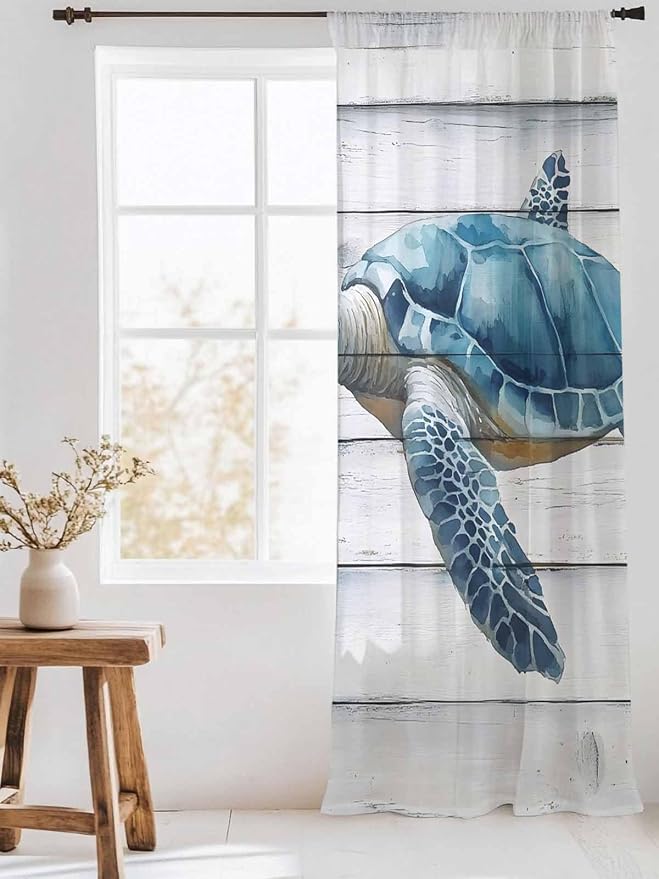 Sheer Curtains 108 Inches Long, Sea Turtle Blue Semi Sheer Curtains Light - Image 3