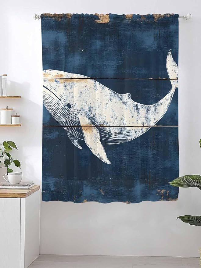 Sheer Curtains 72 Inches Long, Ocean Whale Blue Semi Sheer Curtains Light - Image 2