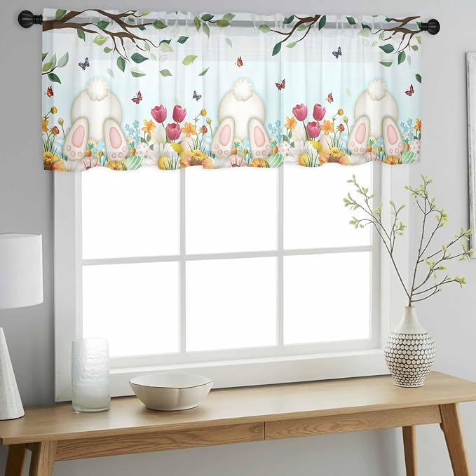 Easter Sheer Valances for Windows 60"x18", Light Filtering Kitchen Curtains - Image 2