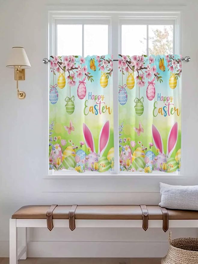 Easter Tier Curtains 45 Inches Long, Spring Bunny Colorful Rabbit Eggs - Image 4