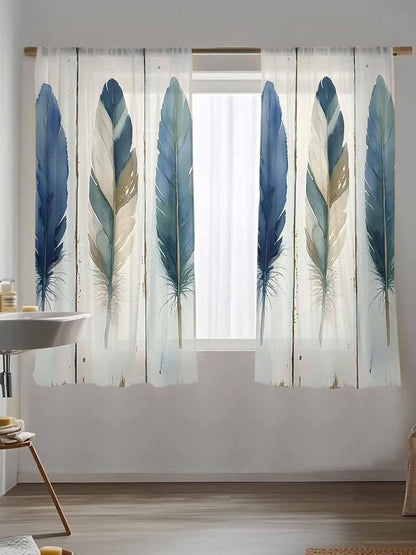 Sheer Curtains 72 Inches Long, Boho Blue Feathers Semi Sheer Curtains Light - Image 5