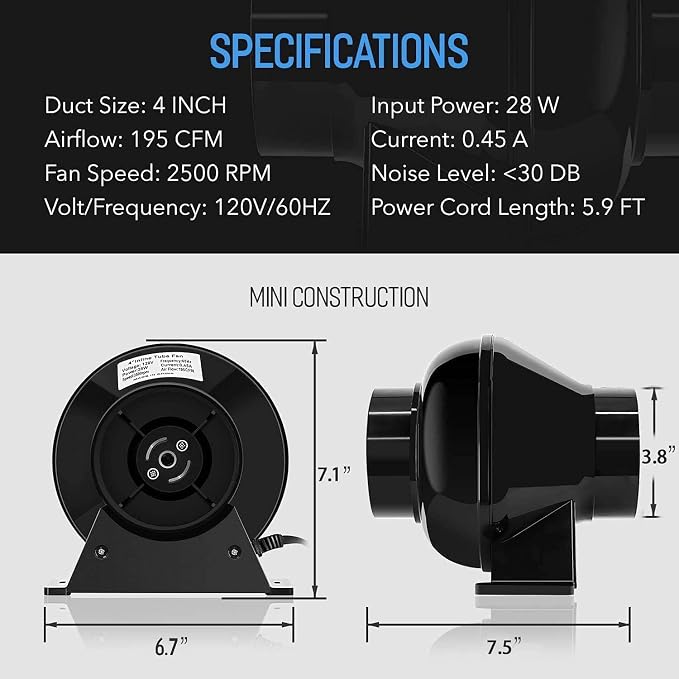 iPower 4 Inch 195 CFM Inline Fan Ventilation Exhaust Blower, Air Carbon Filter - Image 5