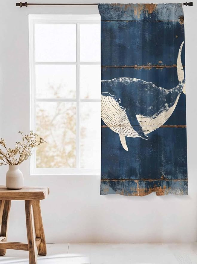 Sheer Curtains 63 Inch Length, Summer Whale Blue Semi Sheer Curtains Light - Image 3