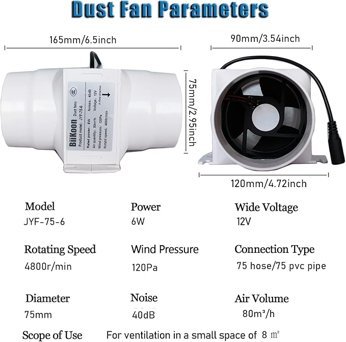 Inline Duct Fans 3 Inch 12V Extractor Fan 6W 47Cfm Plastic Variable Vent Blower - Image 2