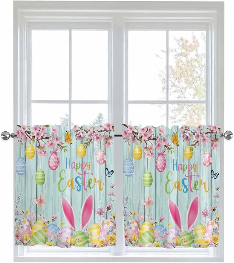 Happy Easter Half Window Curtain 36 Inches Long, Spring Bunny Eggs Flower Teal by Unknown
