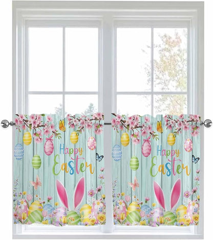 Happy Easter Half Window Curtain 36 Inches Long, Spring Bunny Eggs Flower Teal by Unknown