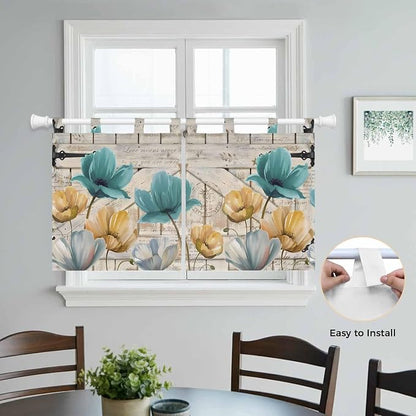 Watercolor Flowers Kitchen Curtains 24 Inch Length, Small Window Curtains Tab - Image 4