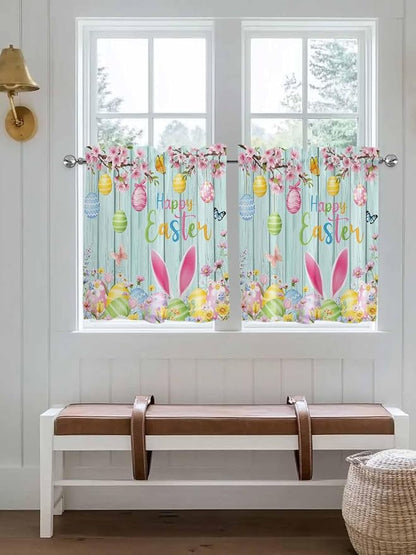 Happy Easter Half Window Curtain 36 Inches Long, Spring Bunny Eggs Flower Teal - Image 4