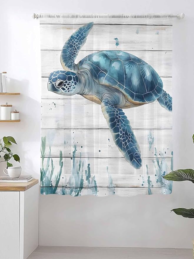 Sheer Curtains 72 Inches Long, Teal Green Ocean Turtle Semi Sheer Curtains - Image 2
