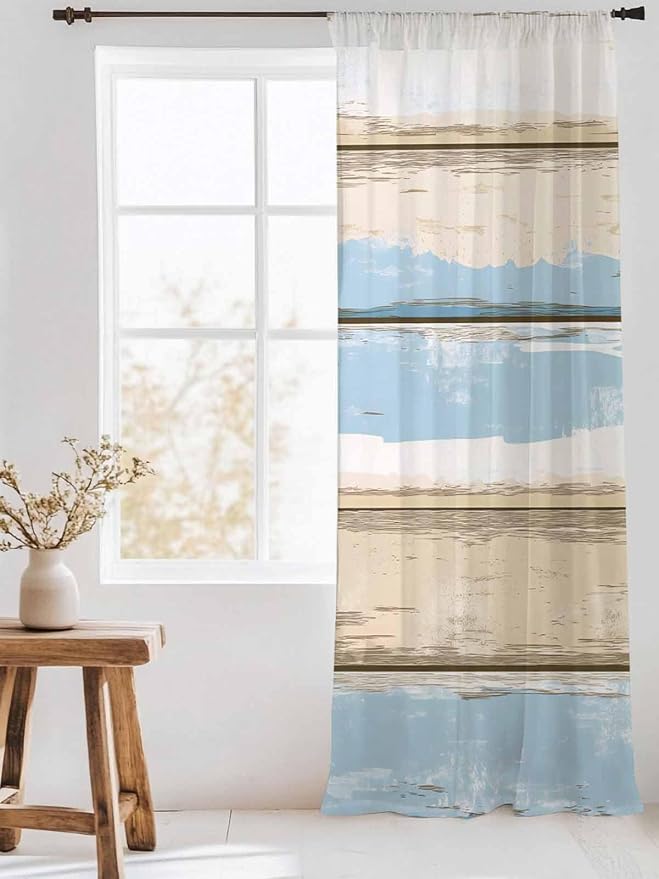 Sheer Curtains 96 Inches Long, Vintage Geometric Blue Semi Sheer Curtains Light - Image 3