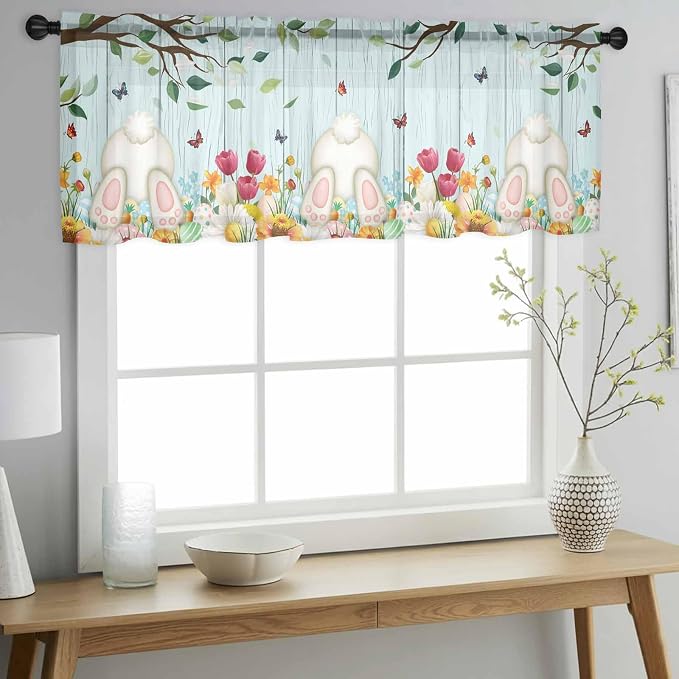Easter Sheer Valances for Windows 54"x18", Light Filtering Kitchen Curtains - Image 2