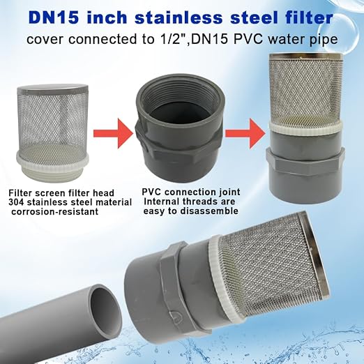 1/2" inch stainless steel filter cover connected to 1/2" grey pvc filter DN15 - Image 3