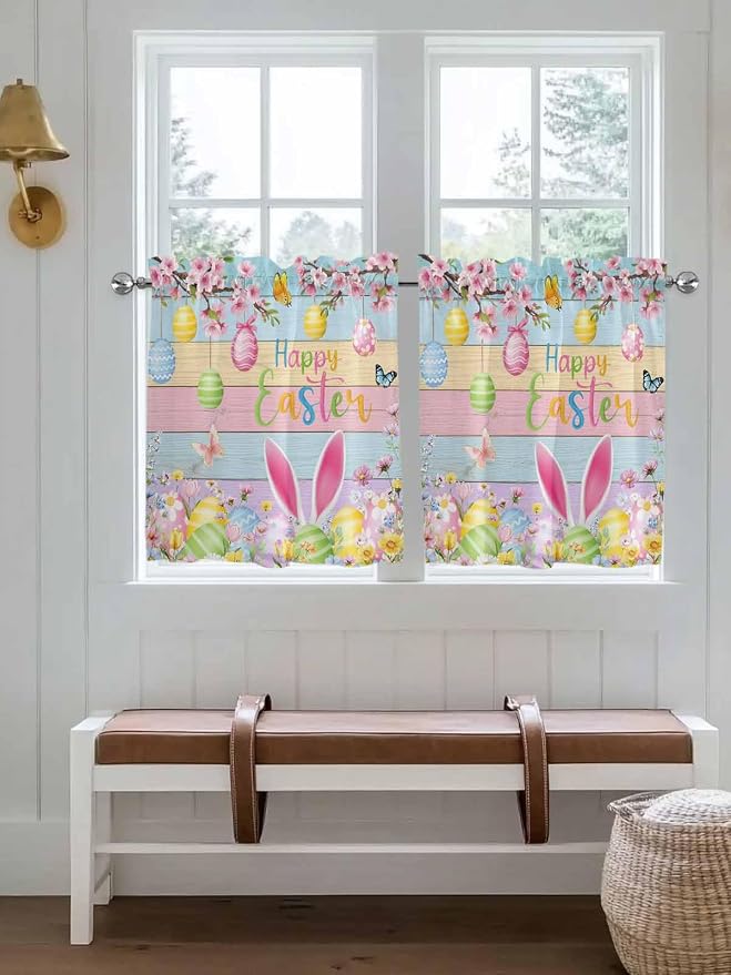 Colorful Easter Half Window Curtains 24 Inches Long, Spring Watercolor Bunny - Image 4
