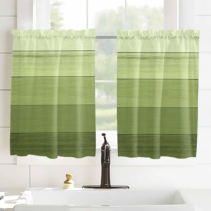 Gradient Green Wooden Board Window Valance Curtains, Retro Country Wood Grain - Image 2