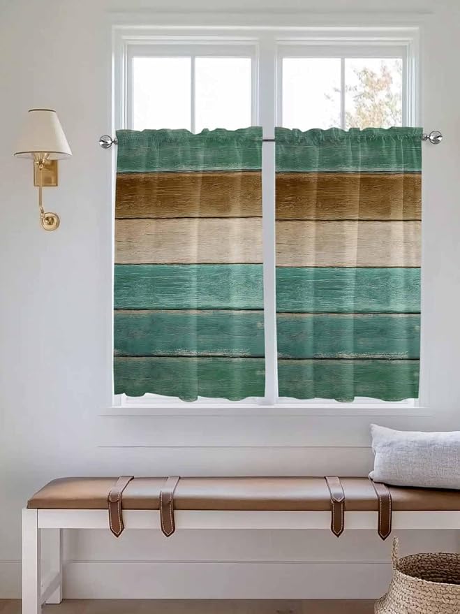 Vintage Plank Turquoise Brown Window Valance Curtains, Farmhouse Wood Grain - Image 2