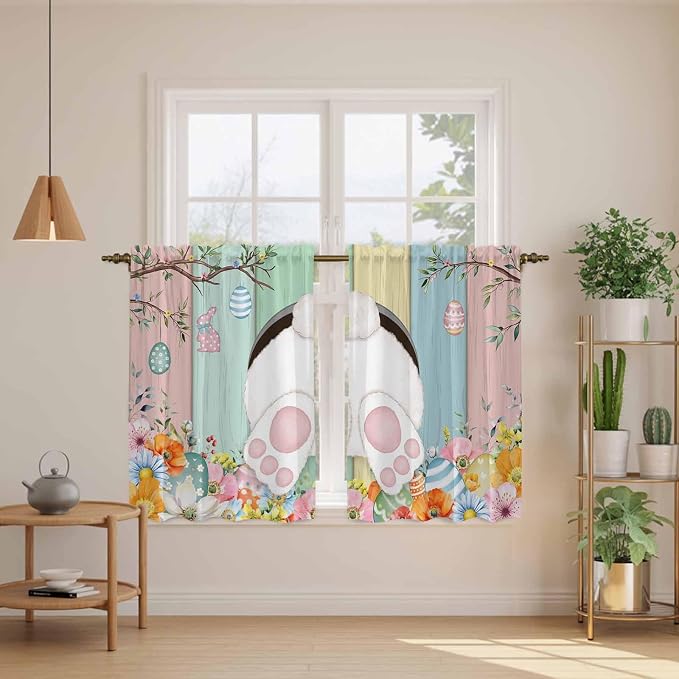 Easter Kitchen Curtains 45 Inch Long 2 Panel Set, Rod Pocket Window Treatment - Image 3
