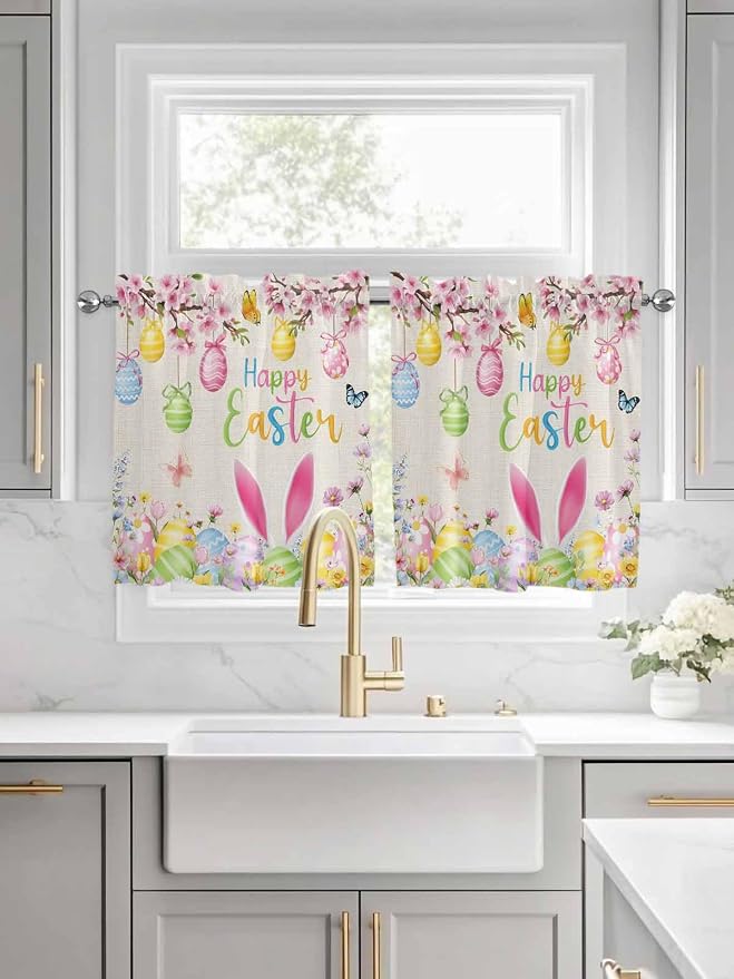 Happy Easter Half Window Curtain 36 Inches Long, Spring Farmhouse Bunny Eggs - Image 3